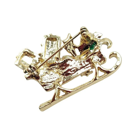 Giovanni X-Mas Sleigh Clear Rhinestone Beige Green Red Enamel Gold Tone Brooch - Picture 5 of 5